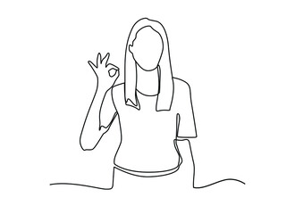 Single continuous line drawing woman in casual clothes gesturing ok sign. Okay sign, gesture language concept. Smiling female standing showing ok. Ok sign hand gesture continuous line