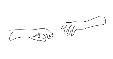 Continuous Line Drawing of Hands Couple Trendy Minimalist Drawing. One Line Abstract Concept. Continuous line vector illustration of two hands barely touching one another.