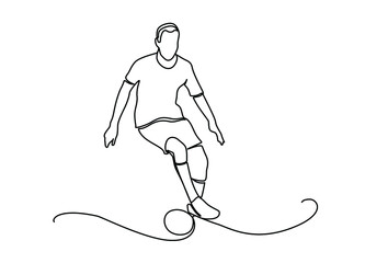 Continuous line drawing. Illustration shows a football player kicks the ball. Soccer. Vector illustration. the athlete plays Football. One line.