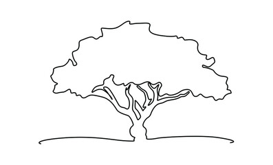 Tree in continuous line art drawing style. Giant and powerful tree black linear design isolated on white background. Vector illustration. Tree continuous line drawing