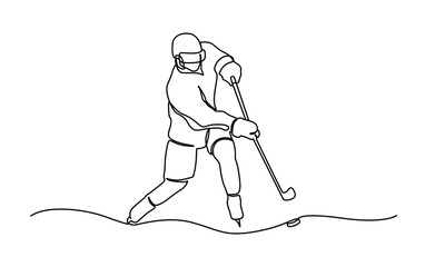 One continuous line drawing of young professional ice hockey player exercising and practicing on ice rink stadium. Healthy extreme sport concept. Dynamic single line draw design vector illustration.