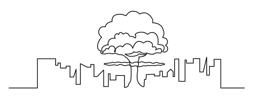 Explosion nuclear bomb in city. Nuclear war. One line drawing of a nuclear bomb. Russian nuclear weapon concept. war exaltation. single line art. Destraction. Stop War in Ukraine.
