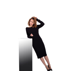 Fototapeta premium Attractive white business woman in black dress near the locker on the white background