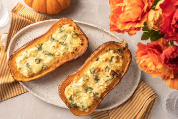 Baked Butternut Squash Pumpkin Stuffed with Spinach and Ricotta Cheese