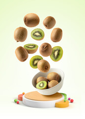 Fresh kiwis falling into a bowl on an abstract background of geometric shapes