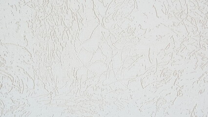 White Banner or Background of the Wall with Bark Beetle Plaster. Decorative Texturized Wall. Light Textured Surface. Horizontal Stock Photo