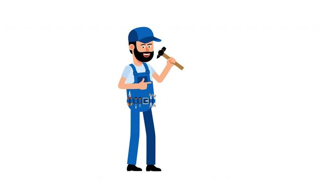 Satisfied handyman with hammer pointing at something. Repair man pops up and and show something. 2d animation.