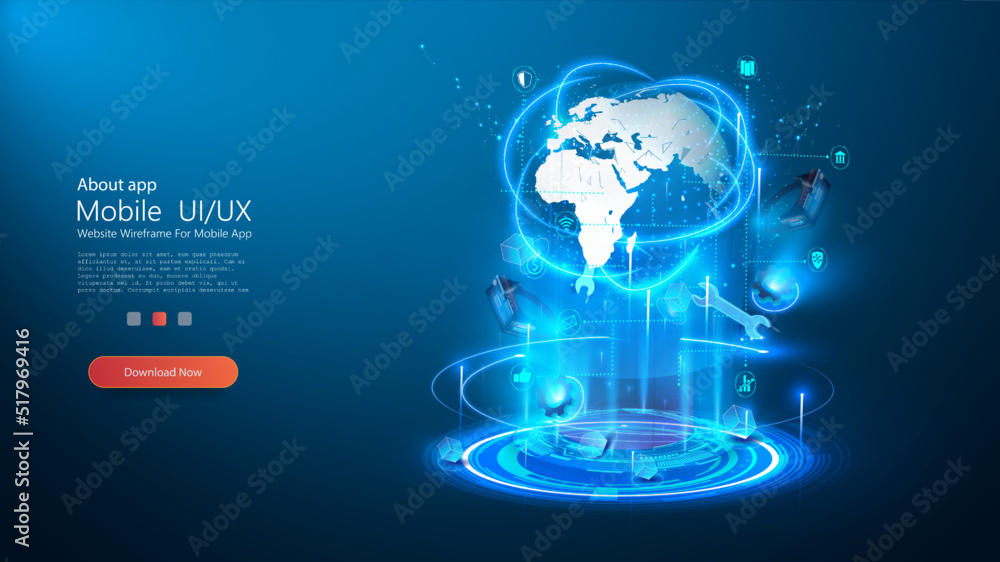 Poster The concept of a global network connection. Visualization of big data. The digital sphere of the metaverse. A hologram or projection of the earth consists of light points. Digital world smart.