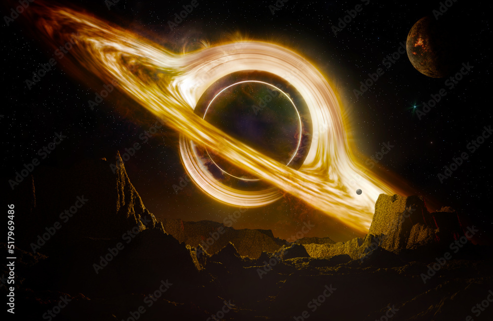 Poster black hole and stars and cloud fields in outer space.