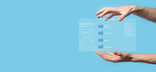 Document management concept. Virtual screen icons Document Management System DMS Online document database, software for efficient archiving, searching and management of company files and data.