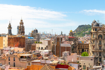 View from the rooftop terrace of the Basilica de Santa Maria del Mar of the Gothic Quarter and...