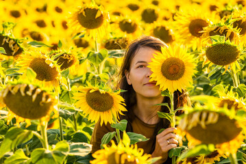Girl in the yellow Sunflower Fields Young woman laughs with a sunflower on her face copy space