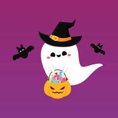 Happy halloween party greeting card with cute ghost. Holidays cartoon character. Trick or treat design with cute pumpkin. Halloween funny cartoon.