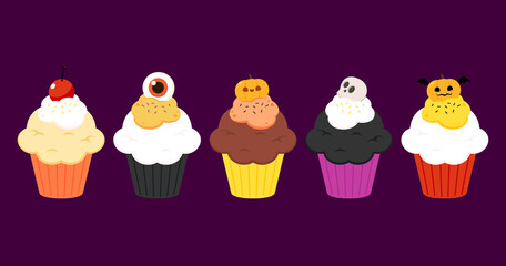 Halloween cupcakes vector. Desserts for Halloween party. Vector illustration in cute cartoon style.