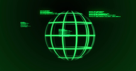Image of globe and data processing on dark green background