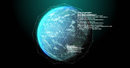 Image of globe, connections and data processing on black background