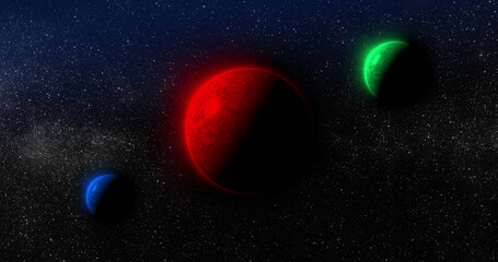Image of red, green and blue planets in black space