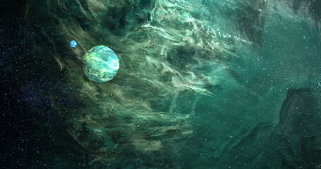 Naklejka premium Image of green planet in green galaxy