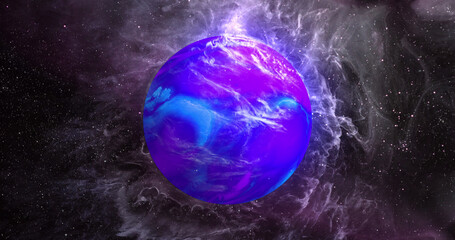Image of blue planet in violet galaxy