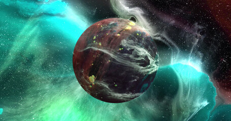 Image of brown planet in green galaxy