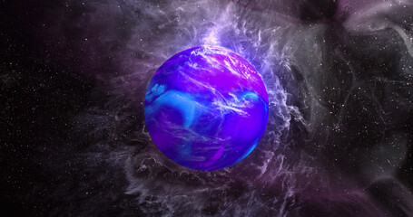 Obraz na płótnie Canvas Image of blue planet in violet galaxy