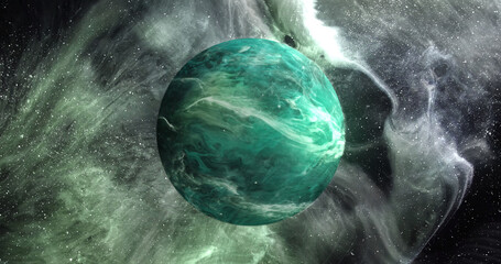 Image of green planet in green galaxy