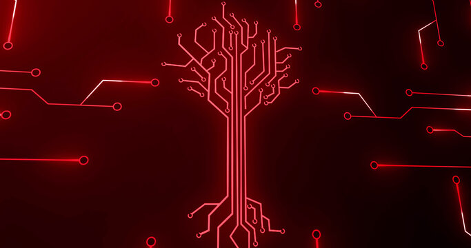 Image of integrated circuit and digital tree on red background