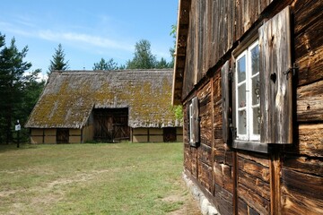 Scenery of wooden cottages in Kashubian countryside, Wdzydze Kiszewskie, Poland