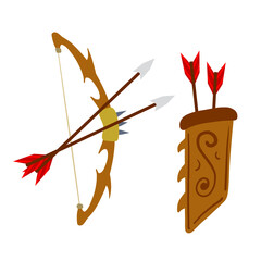 Bow and arrow. Taut bowstring. Fantastic weapons. Set of objects. Flat cartoon illustration. Shooting and hunting element