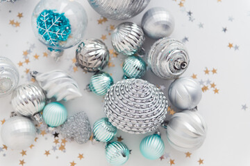 festive christmas balls composition silver and blue color