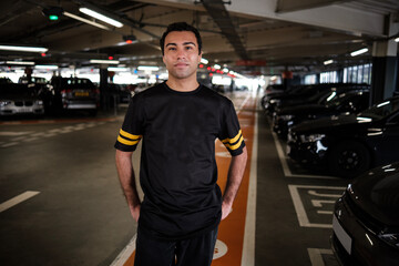 Portrait of young man standing in a car park and looking at camera.