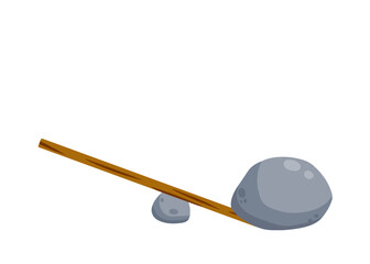 Lever of stick with stone. Lifting heavy cobblestone. Moving the boulder. Balancing and leverage. Flat cartoon