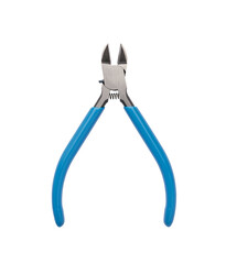Professional mini side cutters with blue insulated handles for working with thin wire isolated on a white background