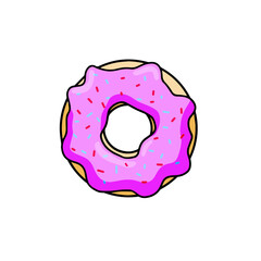 Donut with pink glaze. Sweet sugar dessert with icing. Outline cartoon illustration isolated on white background