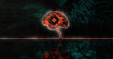 Image of glowing orange human brain over blue processor socket