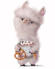 Fototapeta premium cute lama with coffee cup