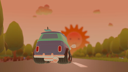 A cute van is driving on a rural road with blur sunset sky in background (3D Rendering)