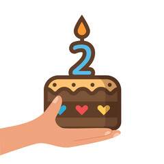 Hand holding birthday cake with candle number two. 2-year-old. Vector illustration.