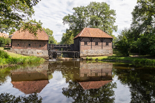 Oostendorper watermill; a double, water-driven mill with three undershot wheels on the Buurserbeek south of the Dutch village of Haaksbergen in Overijssel.