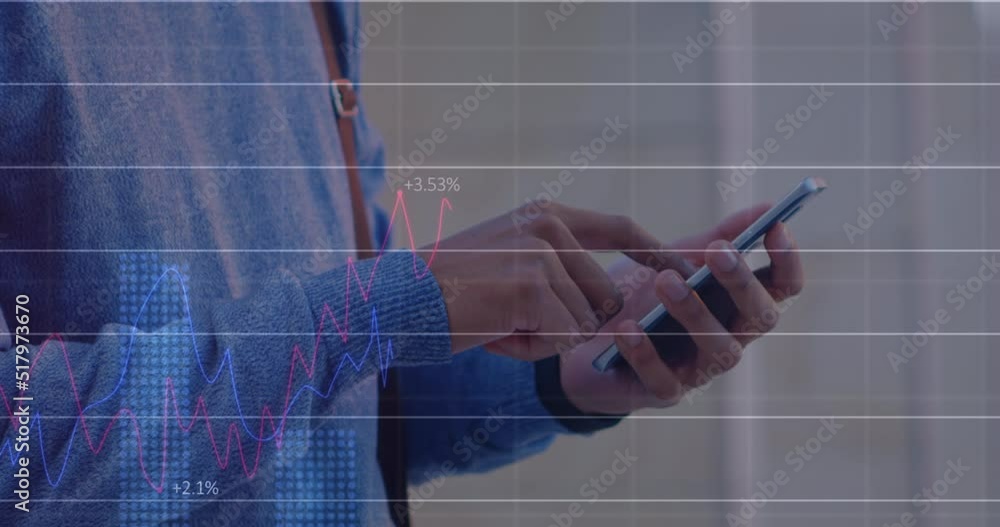 Poster statistical data processing against mid section of a man using smartphone
