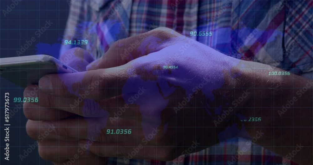 Poster multiple numbers floating over world map against mid section of a man using smartphone