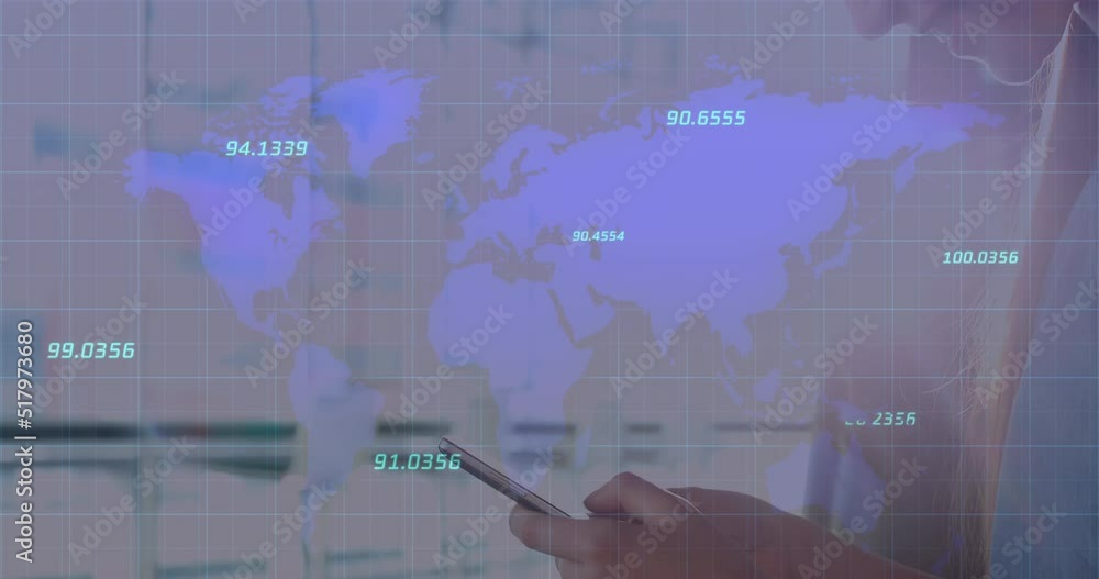 Poster multiple numbers floating over world map against caucasian woman using smartphone