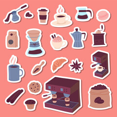 Cartoon Color Coffee Sticker Set Include of Mug, Cookie, Macaroons, Croissant and Bean Flat Design Style . Vector illustration
