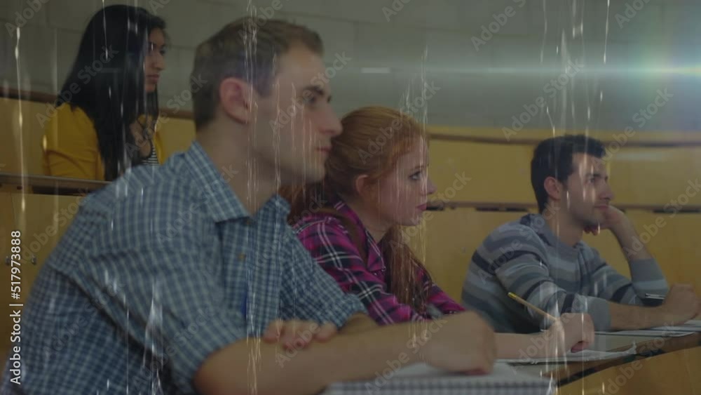 Poster screens of network of connections over diverse group of students studying in the class at college