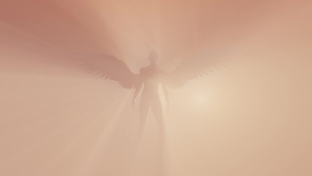 An angel character stands upright and unfurls its' wings in a misty backlit scene
