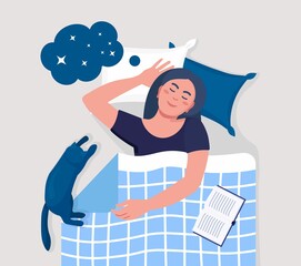 Woman sleeping at night with book and cat. Girl sleep in bed on pillow under duvet. Peaceful dream and relax. Resting time and comfortable relaxation. Sweet dreams, good health