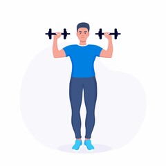 Fototapeta na wymiar Man doing exercises with dumbbells, training at home with sport equipment. Sport and muscle building. Sportive person doing arm workout in gym. Trainer conducts strength training