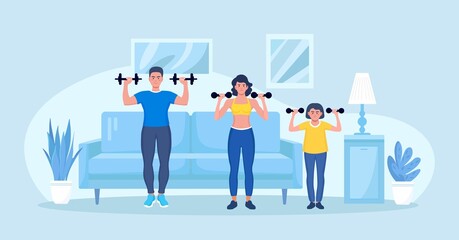 Fototapeta na wymiar Happy family goes in for sports at home in the living room interior. Mother, father and child doing workout. Parents and kid doing lifting weight. Sport Activity
