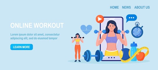 Fototapeta premium Online sport lesson and fitness course on phone screen. Sportive Woman Training at Home with sport equipment. Cardio, yoga and bodybuilding classes. Trainer conducts strength training using website