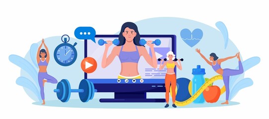 Online sport lesson and fitness course on computer screen. Sportive Woman Training at Home with sport equipment. Cardio, yoga and bodybuilding classes. Trainer conducts strength training using website